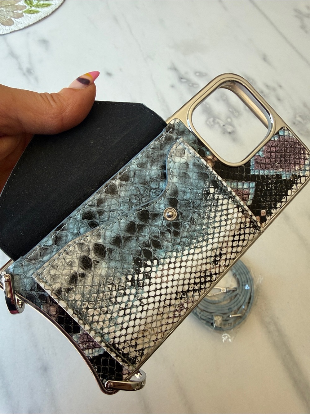 Bandolier Snake-Print Phone Case iPhone 16 promax with Gray-Blue Removable Strap - Picture 6 of 9
